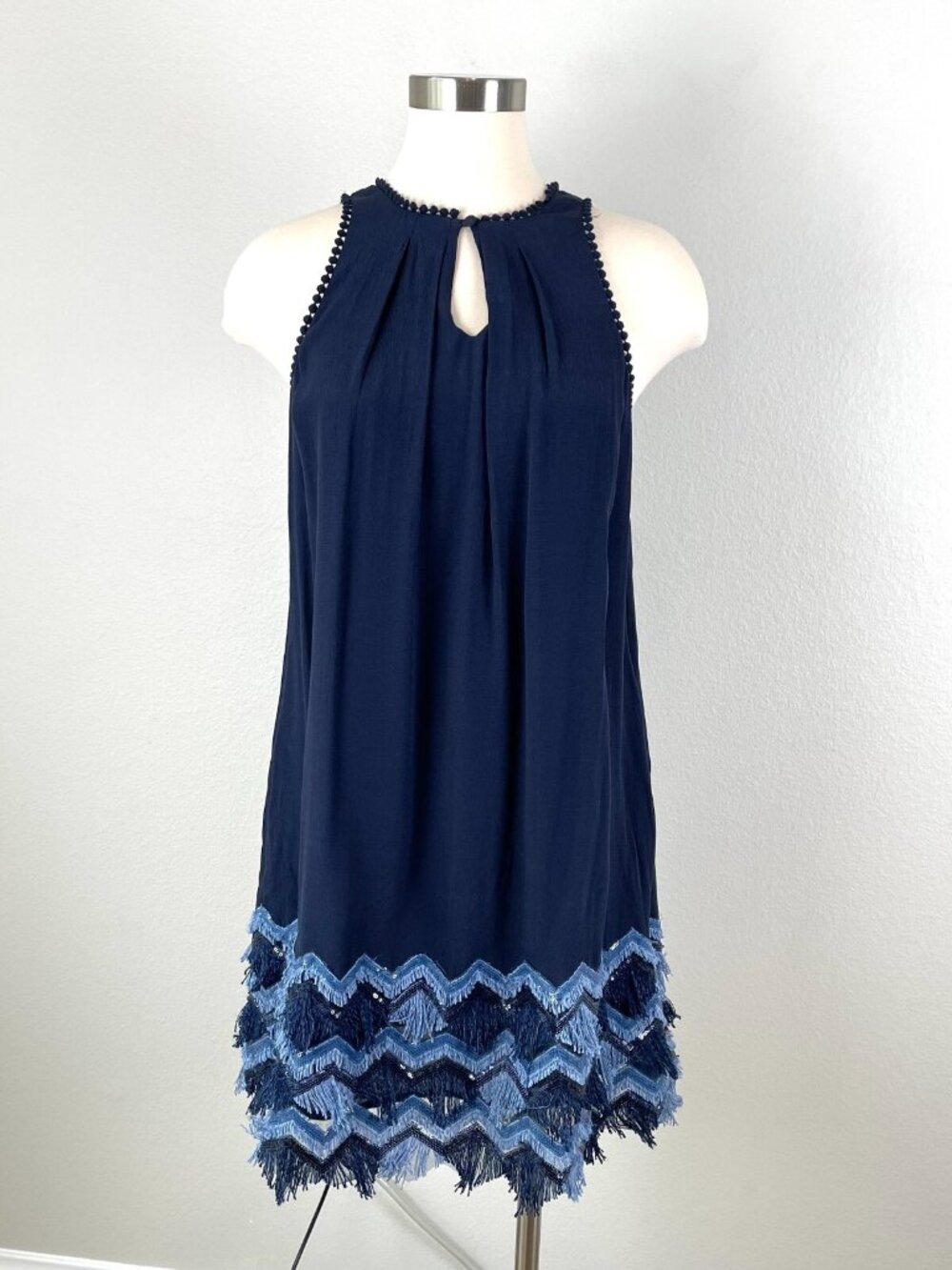 Maeve Anthropologie Size 0 Festivity Swing Dress Navy Blue Fringe Sleeveless